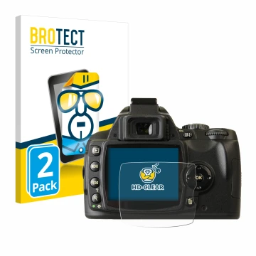 Face avant d’un emballage produit avec le logo de la marque BROTECT. À côté, l’appareil Nikon D40x est représenté avec la prot