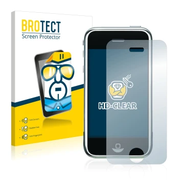 Face avant d’un emballage produit avec le logo de la marque BROTECT. À côté, l’appareil Apple iPhone 2G est représenté avec la