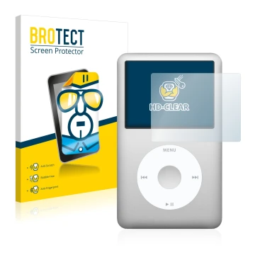 Face avant d’un emballage produit avec le logo de la marque BROTECT. À côté, l’appareil Apple iPod Classic (6ème Gen.) est rep