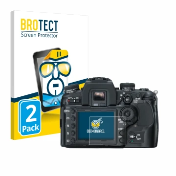 Face avant d’un emballage produit avec le logo de la marque BROTECT. À côté, l’appareil Konica Minolta Dynax 7D est représenté