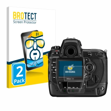 Face avant d’un emballage produit avec le logo de la marque BROTECT. À côté, l’appareil Nikon D3 est représenté avec la protec