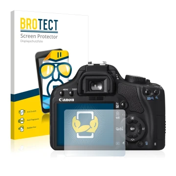 Face avant d’un emballage produit avec le logo de la marque BROTECT. À côté, l’appareil Canon EOS 450D est représenté avec la 