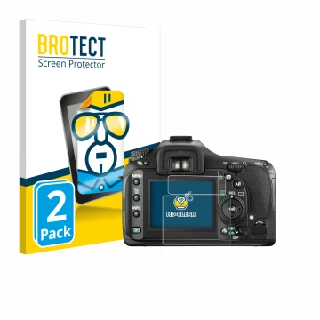 Face avant d’un emballage produit avec le logo de la marque BROTECT. À côté, l’appareil Pentax K20D est représenté avec la pro