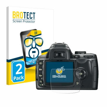Face avant d’un emballage produit avec le logo de la marque BROTECT. À côté, l’appareil Nikon D60 est représenté avec la prote