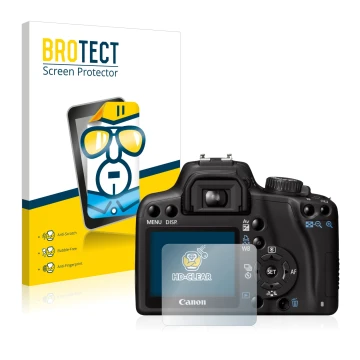 Face avant d’un emballage produit avec le logo de la marque BROTECT. À côté, l’appareil Canon EOS 1000D est représenté avec la