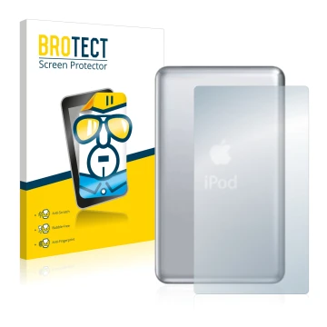 Face avant d’un emballage produit avec le logo de la marque BROTECT. À côté, l’appareil Apple iPod classic 120 GB (Arrière, 7è