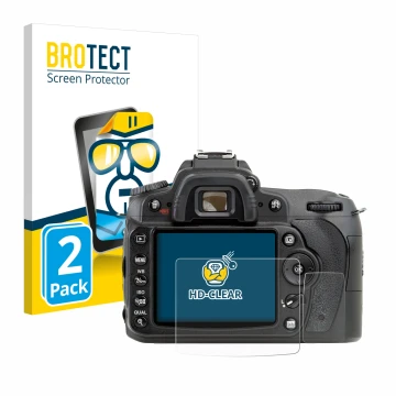 Face avant d’un emballage produit avec le logo de la marque BROTECT. À côté, l’appareil Nikon D90 est représenté avec la prote