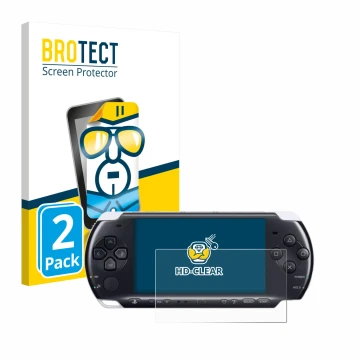 Face avant d’un emballage produit avec le logo de la marque BROTECT. À côté, l’appareil Sony PSP 3000 est représenté avec la p