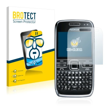 Face avant d’un emballage produit avec le logo de la marque BROTECT. À côté, l’appareil Nokia E72 est représenté avec la prote