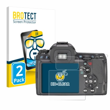 Face avant d’un emballage produit avec le logo de la marque BROTECT. À côté, l’appareil Pentax K7, K-7 est représenté avec la 
