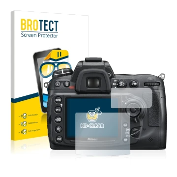 Face avant d’un emballage produit avec le logo de la marque BROTECT. À côté, l’appareil Nikon D300S est représenté avec la pro