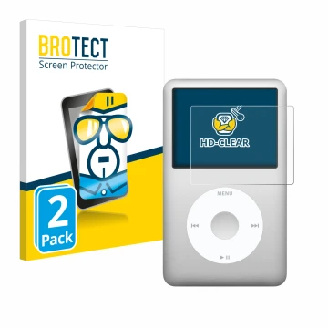 Face avant d’un emballage produit avec le logo de la marque BROTECT. À côté, l’appareil Apple iPod classic 160 GB (7ème Gen.) 