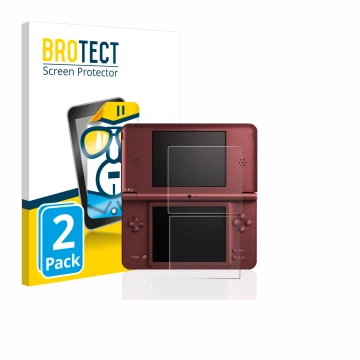 Face avant d’un emballage produit avec le logo de la marque BROTECT. À côté, l’appareil Nintendo DSi XL est représenté avec la