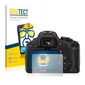 Face avant d’un emballage produit avec le logo de la marque BROTECT. À côté, l’appareil Canon EOS 550D est représenté avec la 