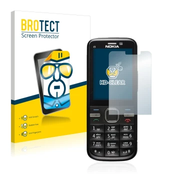 Face avant d’un emballage produit avec le logo de la marque BROTECT. À côté, l’appareil Nokia C5-00 est représenté avec la pro