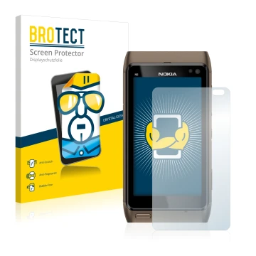 Face avant d’un emballage produit avec le logo de la marque BROTECT. À côté, l’appareil Nokia n8 est représenté avec la protec