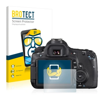 Face avant d’un emballage produit avec le logo de la marque BROTECT. À côté, l’appareil Canon EOS 60D est représenté avec la p