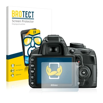 Face avant d’un emballage produit avec le logo de la marque BROTECT. À côté, l’appareil Nikon D3100 est représenté avec la pro