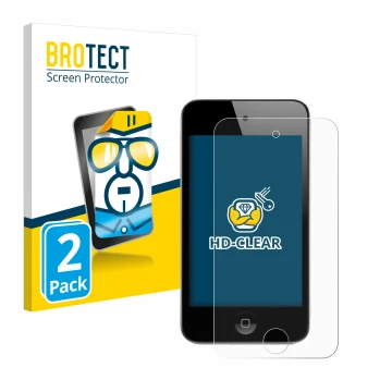 Face avant d’un emballage produit avec le logo de la marque BROTECT. À côté, l’appareil Apple iPod Touch (4ème Gen.) est repré