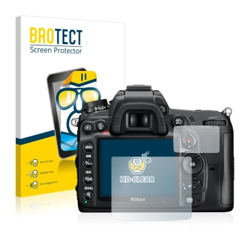 Face avant d’un emballage produit avec le logo de la marque BROTECT. À côté, l’appareil Nikon D7000 est représenté avec la pro