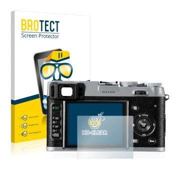 Face avant d’un emballage produit avec le logo de la marque BROTECT. À côté, l’appareil Fujifilm FinePix X100 est représenté a