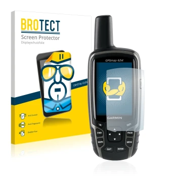 Face avant d’un emballage produit avec le logo de la marque BROTECT. À côté, l’appareil Garmin GPSMAP 62st est représenté avec