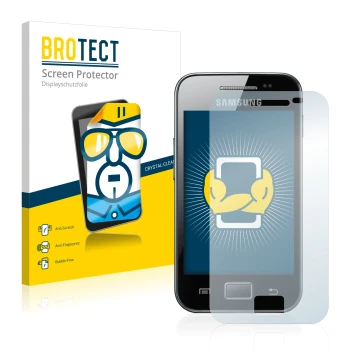 Face avant d’un emballage produit avec le logo de la marque BROTECT. À côté, l’appareil Samsung Galaxy Ace S5830 est représent