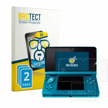 Face avant d’un emballage produit avec le logo de la marque BROTECT. À côté, l’appareil Nintendo 3DS est représenté avec la pr