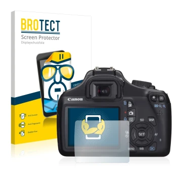 Face avant d’un emballage produit avec le logo de la marque BROTECT. À côté, l’appareil Canon EOS 1100D est représenté avec la