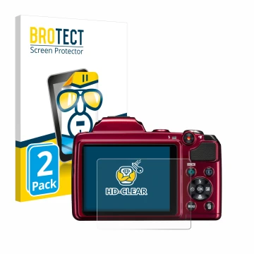 Face avant d’un emballage produit avec le logo de la marque BROTECT. À côté, l’appareil Nikon Coolpix L120 est représenté avec