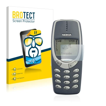Face avant d’un emballage produit avec le logo de la marque BROTECT. À côté, l’appareil Nokia 3310 2011 est représenté avec la