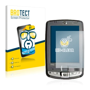 Face avant d’un emballage produit avec le logo de la marque BROTECT. À côté, l’appareil HP iPAQ hx2110 est représenté avec la 