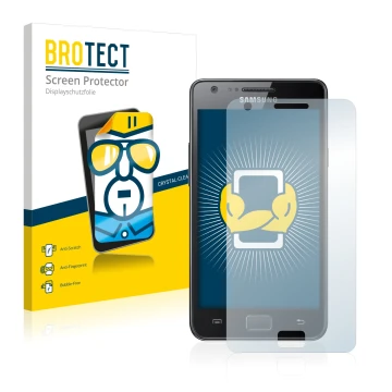 Face avant d’un emballage produit avec le logo de la marque BROTECT. À côté, l’appareil Samsung Galaxy S2 est représenté avec 