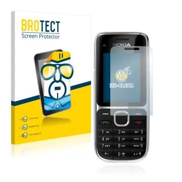 Face avant d’un emballage produit avec le logo de la marque BROTECT. À côté, l’appareil Nokia C2-01 est représenté avec la pro