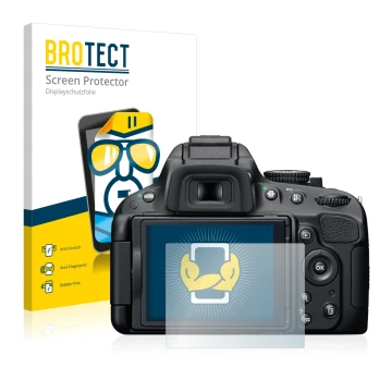 Face avant d’un emballage produit avec le logo de la marque BROTECT. À côté, l’appareil Nikon D5100 est représenté avec la pro