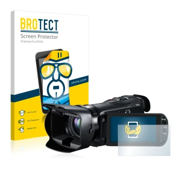 Face avant d’un emballage produit avec le logo de la marque BROTECT. À côté, l’appareil Canon Legria HF G10 est représenté ave