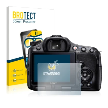 Face avant d’un emballage produit avec le logo de la marque BROTECT. À côté, l’appareil Sony Alpha 65V (SLT-A65V) est représen