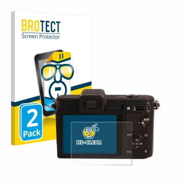 Face avant d’un emballage produit avec le logo de la marque BROTECT. À côté, l’appareil Nikon 1 V1 est représenté avec la prot