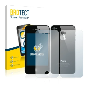 Face avant d’un emballage produit avec le logo de la marque BROTECT. À côté, l’appareil Apple iPhone 4S (Avant+Arrière) est re
