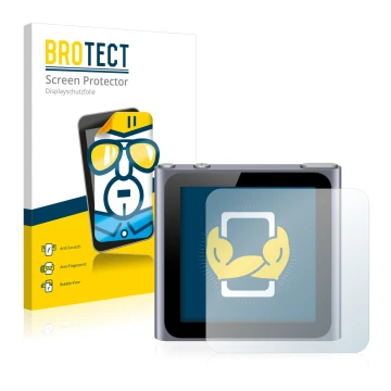 Face avant d’un emballage produit avec le logo de la marque BROTECT. À côté, l’appareil Apple iPod nano 2011 (6ème Gen.) est r