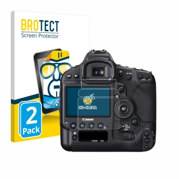 Face avant d’un emballage produit avec le logo de la marque BROTECT. À côté, l’appareil Canon EOS 1D X est représenté avec la 