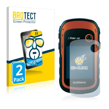 Face avant d’un emballage produit avec le logo de la marque BROTECT. À côté, l’appareil Garmin eTrex 20 est représenté avec la