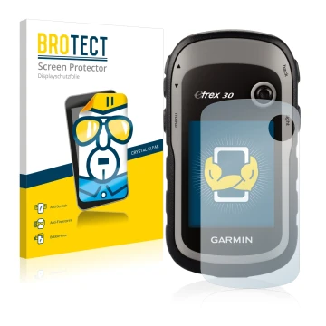 Face avant d’un emballage produit avec le logo de la marque BROTECT. À côté, l’appareil Garmin eTrex 30 est représenté avec la