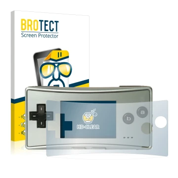 Face avant d’un emballage produit avec le logo de la marque BROTECT. À côté, l’appareil Nintendo Gameboy Micro est représenté 