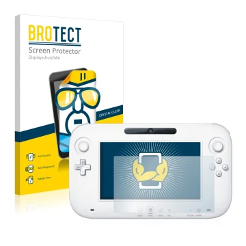 Face avant d’un emballage produit avec le logo de la marque BROTECT. À côté, l’appareil Nintendo Wii U GamePad (Controller) es