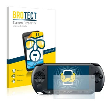 Face avant d’un emballage produit avec le logo de la marque BROTECT. À côté, l’appareil Sony PSP Street E1004 est représenté a