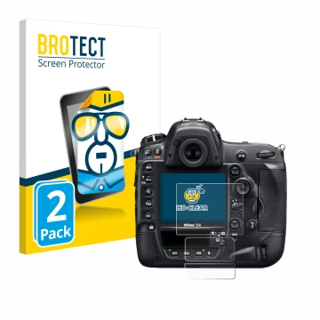 Face avant d’un emballage produit avec le logo de la marque BROTECT. À côté, l’appareil Nikon D4 est représenté avec la protec