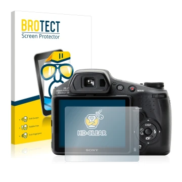 Face avant d’un emballage produit avec le logo de la marque BROTECT. À côté, l’appareil Sony Cyber-Shot DSC-HX200V est représe