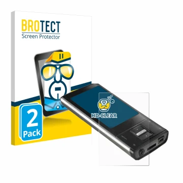 Face avant d’un emballage produit avec le logo de la marque BROTECT. À côté, l’appareil Intenso Video Shooter 2,4