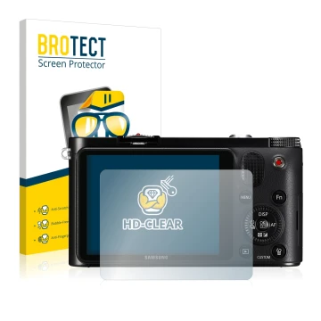 Face avant d’un emballage produit avec le logo de la marque BROTECT. À côté, l’appareil Samsung NX1000 est représenté avec la 